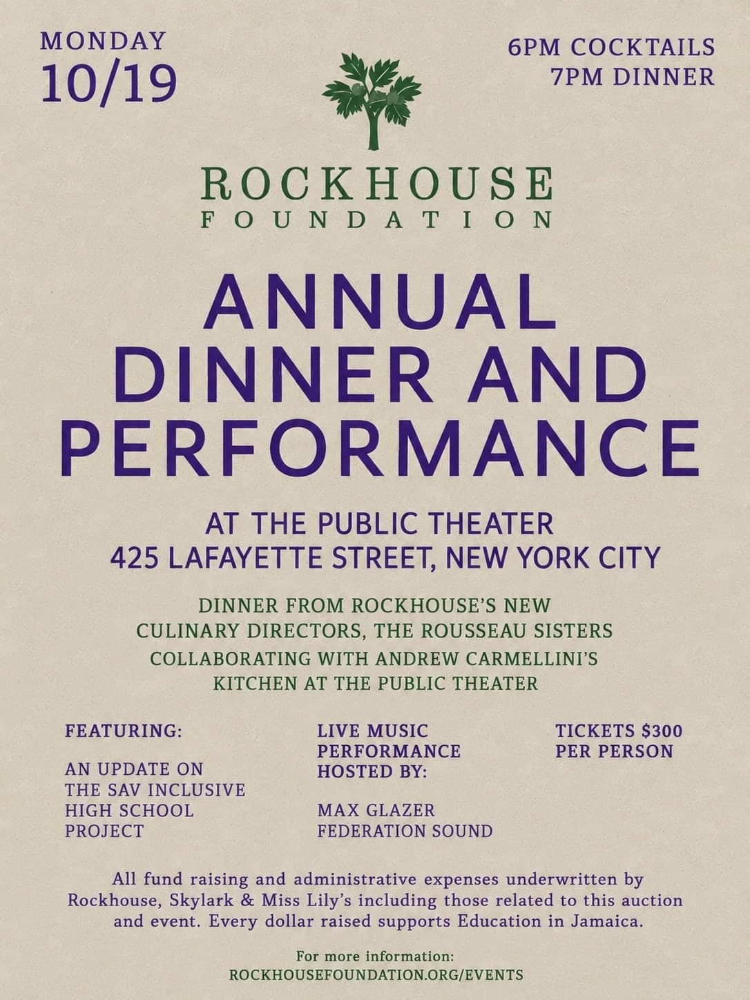 Flyer for the Rockhouse Foundation Annual Dinner and Performance, Monday October 19th at The Public Theater, 425 Lafayette Street, New York City