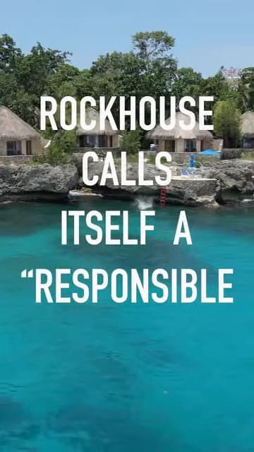 A frame from the Rockhouse reel on Instagram: the villas on the cliffs, captioned “Rockhouse calls itself a responsible hotel”