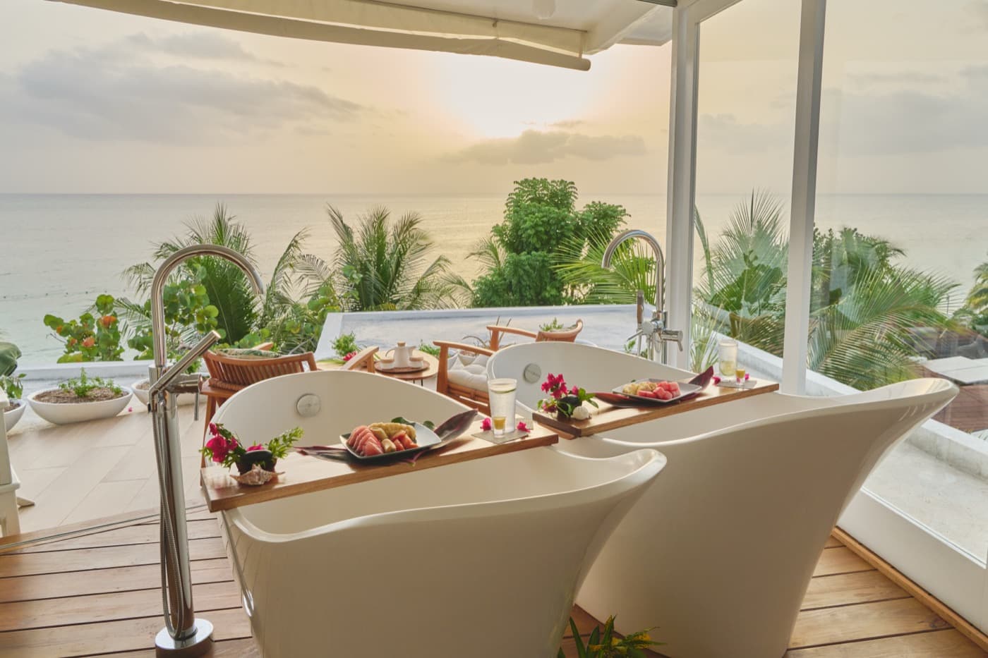 The spa deck at Skylark, with the sea beyond
