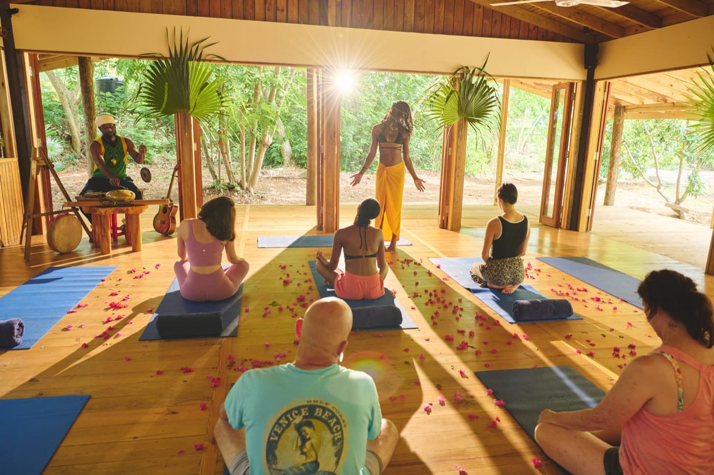 A sound bath session in the open-sided pavilion at Rockhouse
